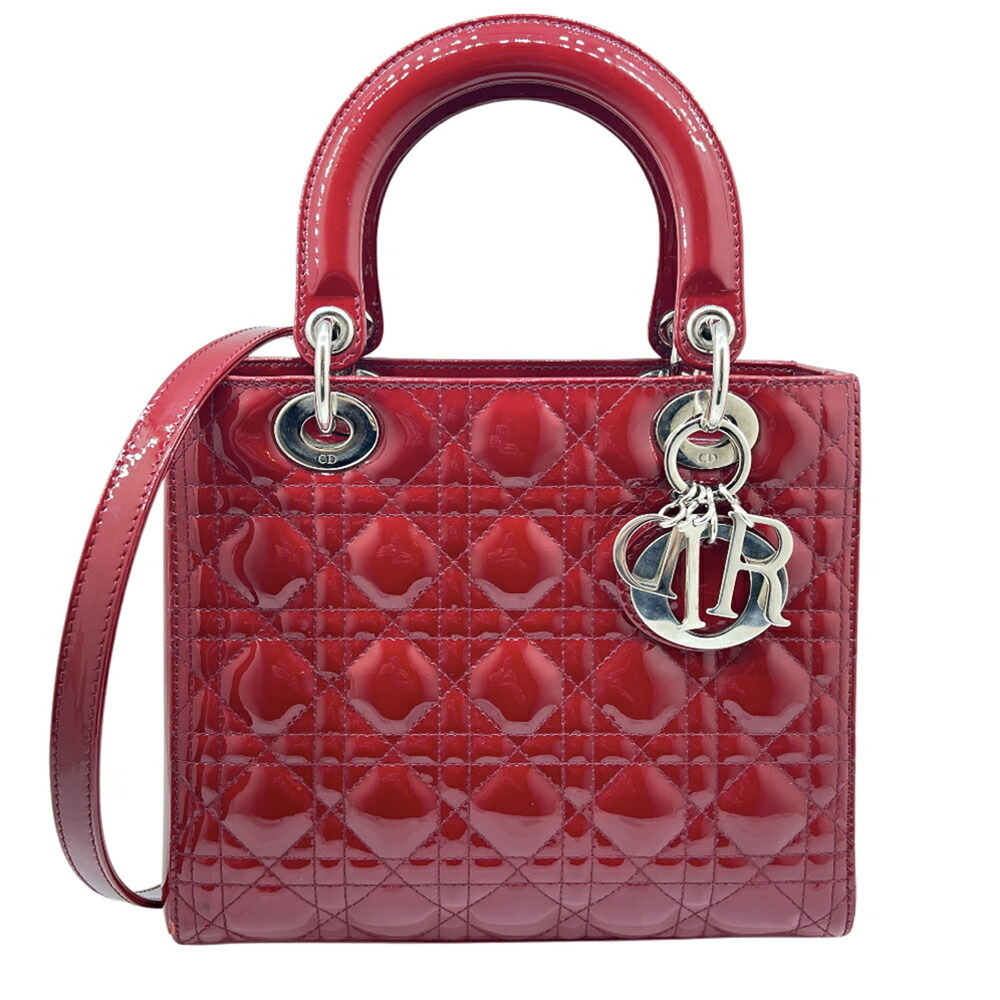 Christian Dior Lady Medium Cannage Enamel Patent Red Shoulder Handbag (Wine R...